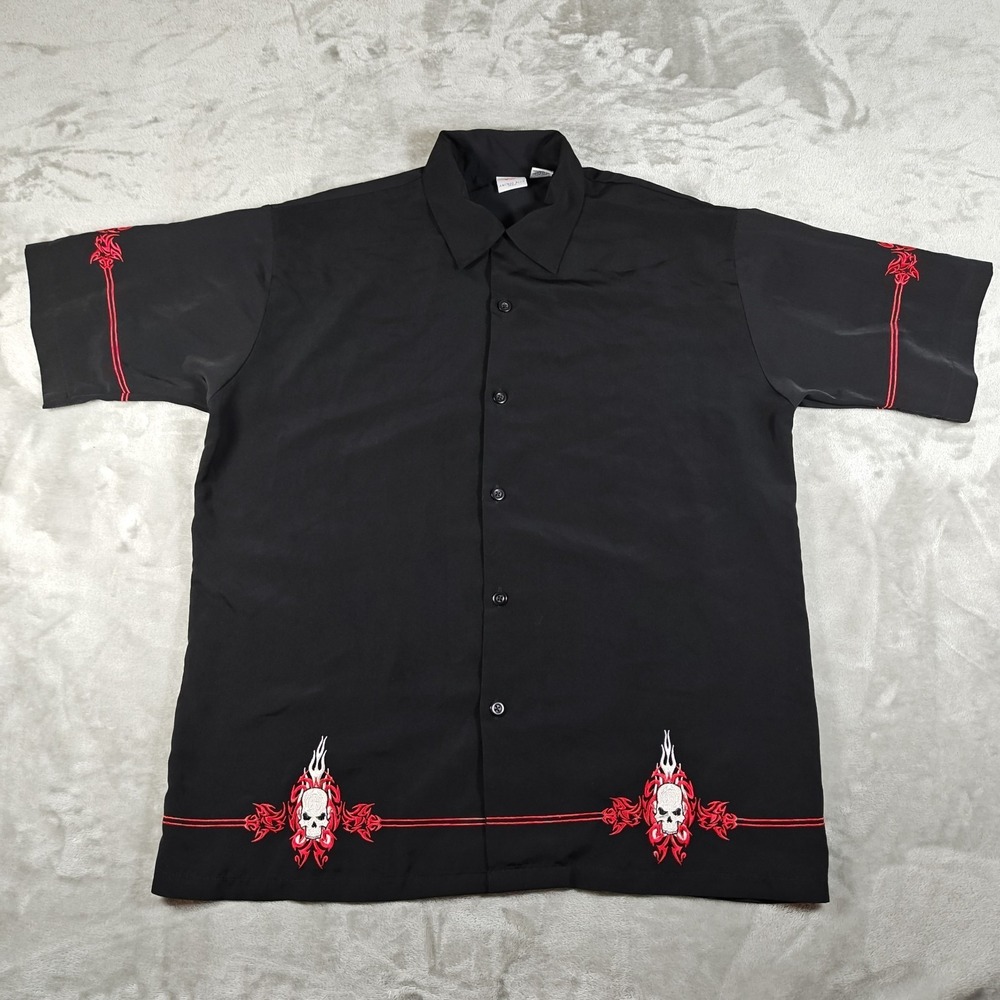 Anchor Blue Shirt Mens Medium‎ Skull Flame Embroidered Button Up Tribal Y2K Camp